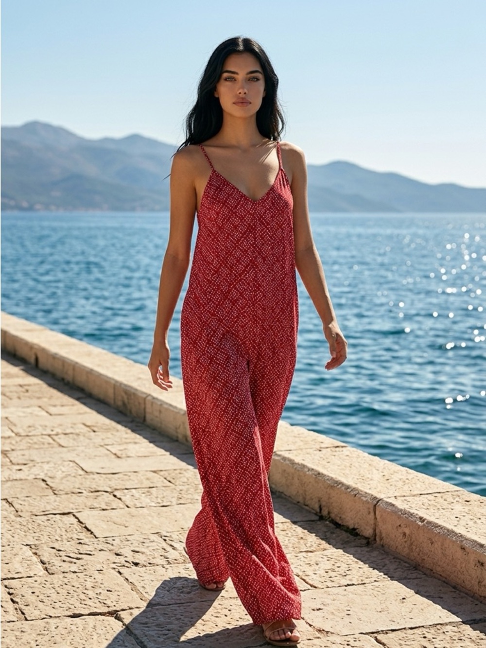 Red Printed Spaghetti-Strap Jumpsuit - Women